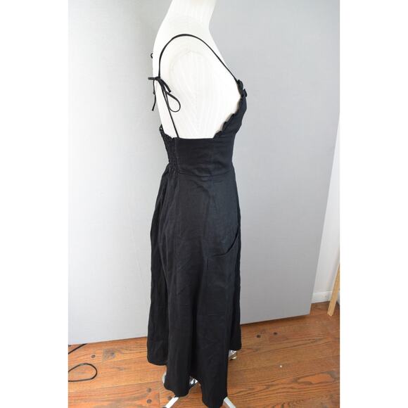 Reformation Brienne Dress Size 0 Black 100% Linen Plunge Midi Slit Button - Picture 5 of 7